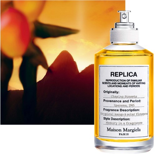 Ein Parfümflasche namens REPLICA mit tropischem Mango-Duft und sonnigem Hintergrund.