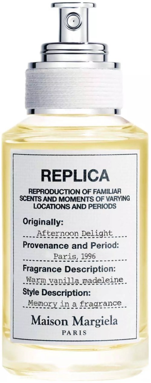 En parfyllflaska med etikett om doften REPLICA, tillverkad av Maison Margiela, Paris, från 1996.