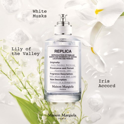 A perfume bottle surrounded by white flowers and petals, with text describing the scent and brand.