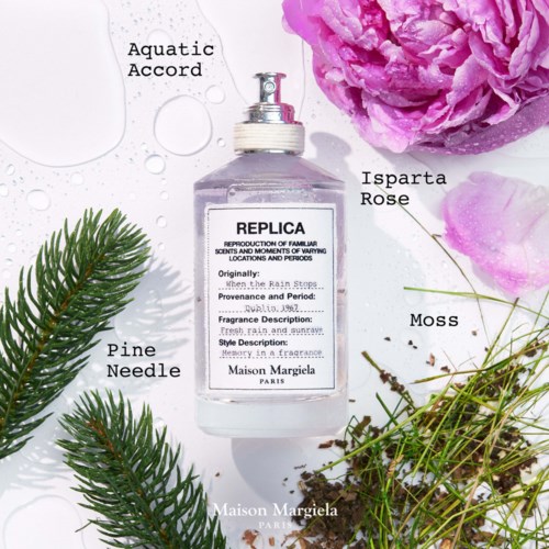 A bottle spray surrounded by pine needles, moss, pink flower, and purple flower, labeled with perfume scent names and details.