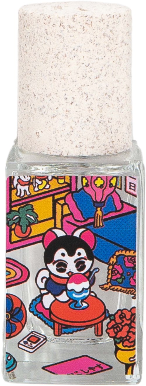 Colorful nail polish bottle with a cute cartoon character in a cozy room.