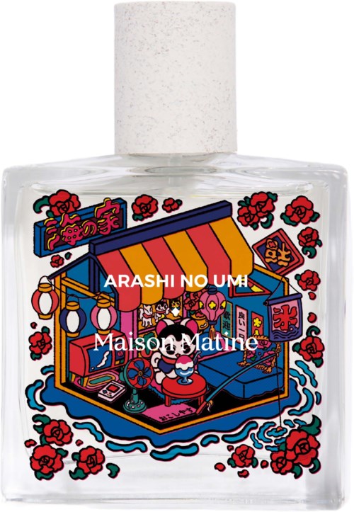 A colorful bottle with illustrations of a market stall, flowers, and a person, labeled 'ARASHI NO UM' and 'Maison Matiné.'
