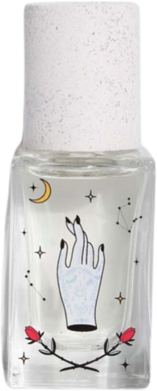 A clear nail polish bottle with a white cap, decorated with stars, a moon, and a hand drawing surrounded by roses.