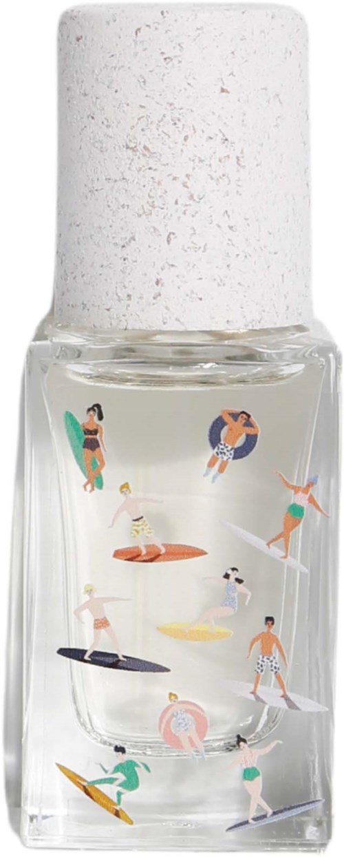 Nail polish bottle with colorful tiny people swimming and relaxing inside the clear liquid.