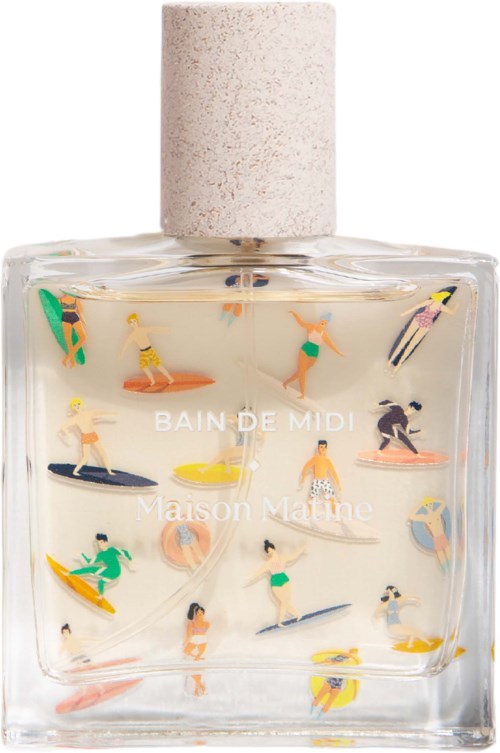 A perfume bottle with a white cap, decorated with tiny colorful figures of people surfing inside.