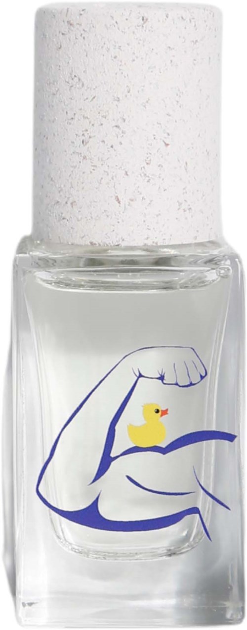 A clear nail polish bottle with a cap and a blue muscular arm holding a yellow rubber duck on the front.