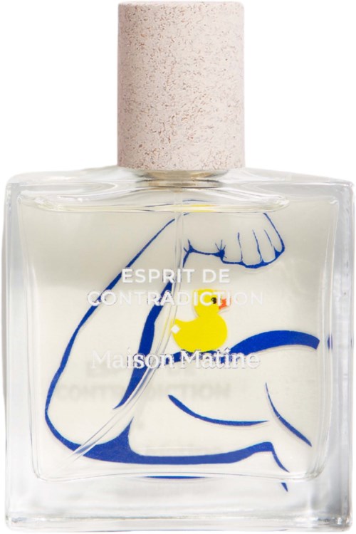A perfume bottle with a minimalist drawing of a woman, labeled "ESPRIT DE CONTRADICTION" and "Maison Matine."