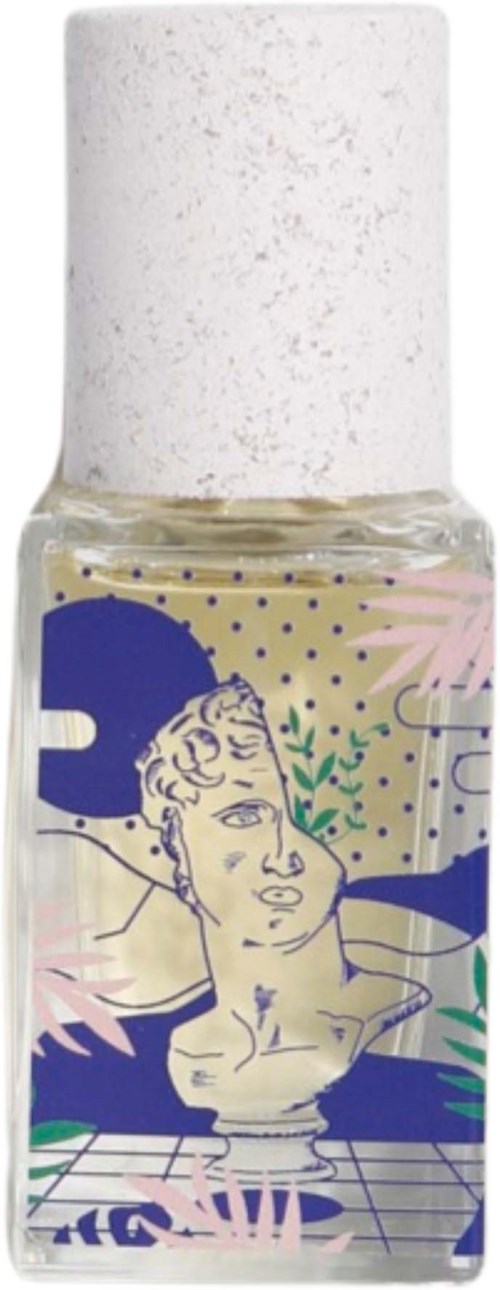 A nail polish bottle with a white cap, decorated with a colorful illustration of a woman's face and floral patterns.