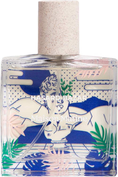 A clear perfume bottle with a beige cap, featuring a colorful tropical design with a woman and leaves.