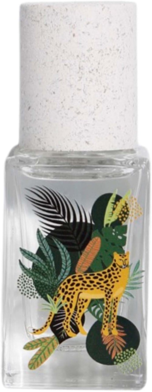 A clear nail polish bottle with tropical plant and animal illustrations, featuring a leopard and various leaves.