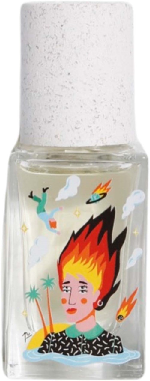 A small nail polish bottle with a colorful, artistic label of a girl with fiery hair and various whimsical elements.
