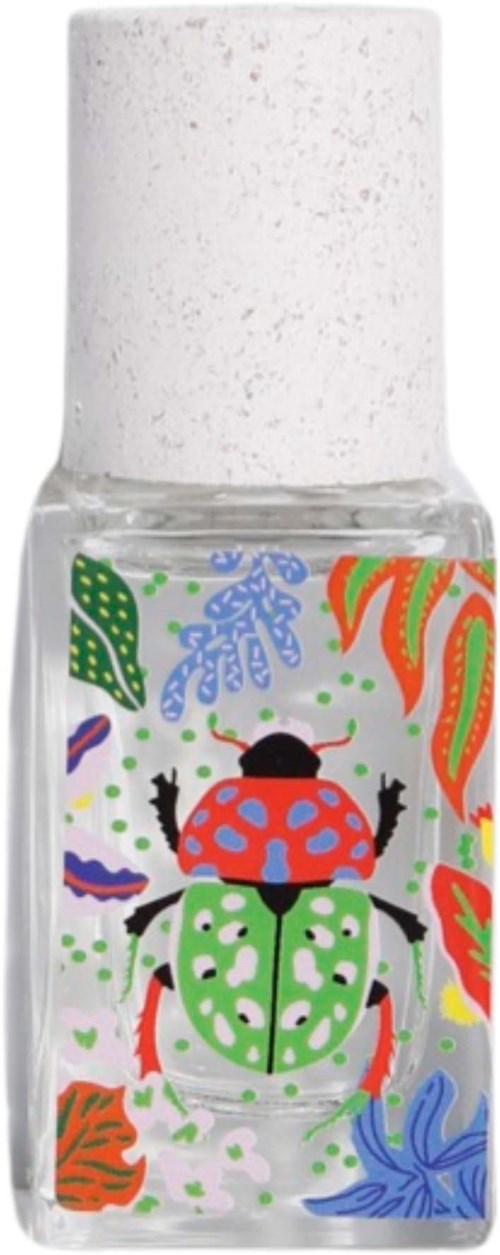 A nail polish bottle with a colorful, insect-themed design featuring a ladybug and vibrant plants.