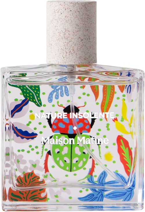 A colorful nail polish bottle with floral and nature designs on glass, labeled 'NATURE INSOLENTE Maison Matine' and a white cap.