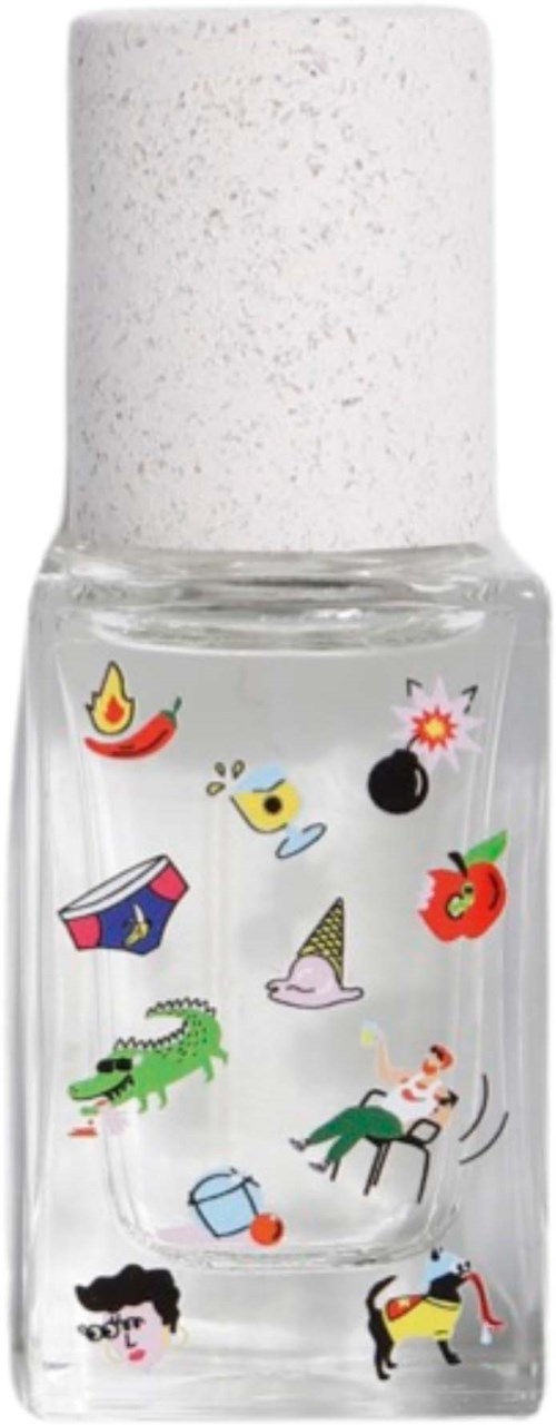 A clear bottle with colorful, playful images of animals, objects, and a witch's hat inside.