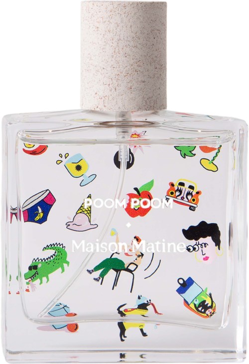 A glass perfume bottle with colorful cartoon characters and a white cap.