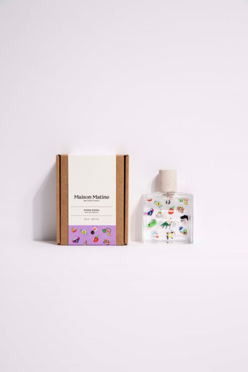 A box labeled 'Maison Matine' and a clear jar with colorful decorative plastic figures on a white background.
