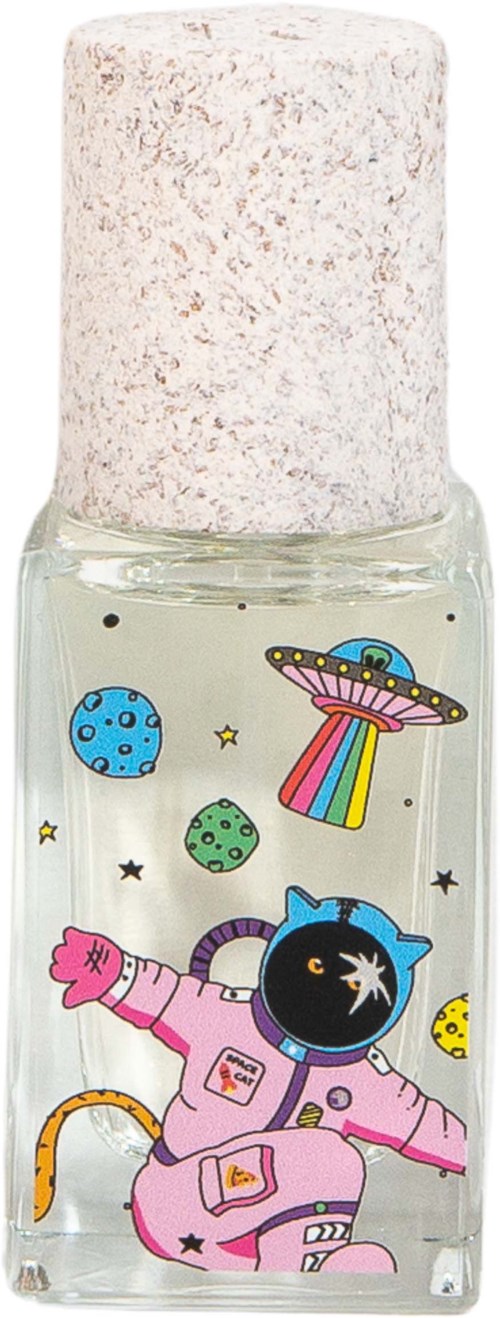 A small bottle with colorful space and astronaut stickers, topped with a glittery cap.