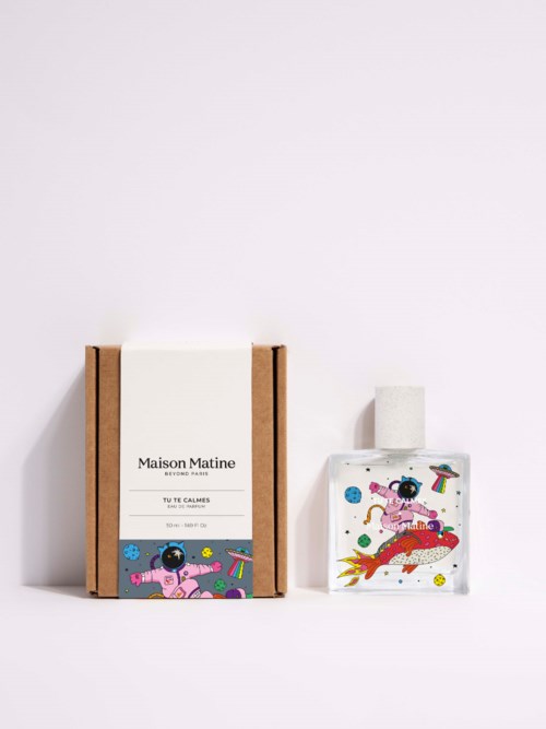 A box with the label 'Maison Matine' and a colorful, playful illustration bottle beside it.
