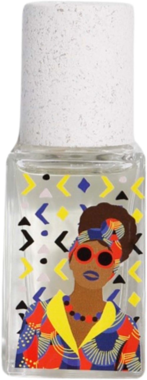A nail polish bottle with a colorful, artistic illustration of a woman with glasses and jewelry on it.