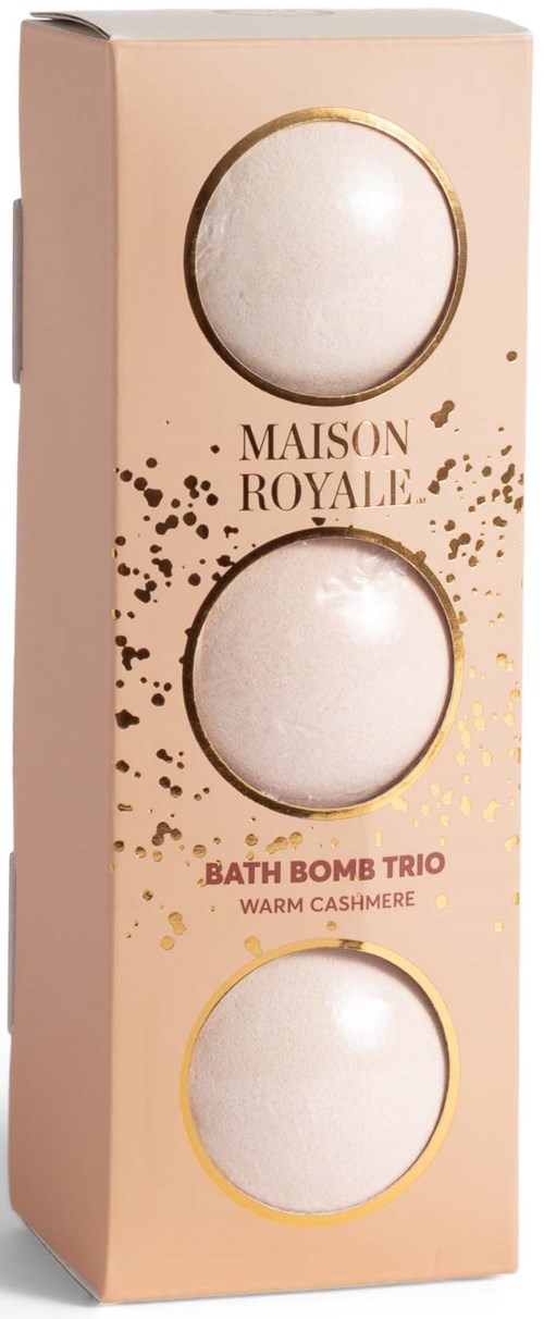 A box with three white bath bombs labeled "Maison Royale Bath Bomb Trio Warm Cashmere."