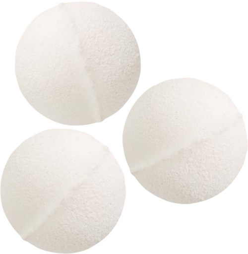 Three white tennis balls with a rough texture and a line across each ball.