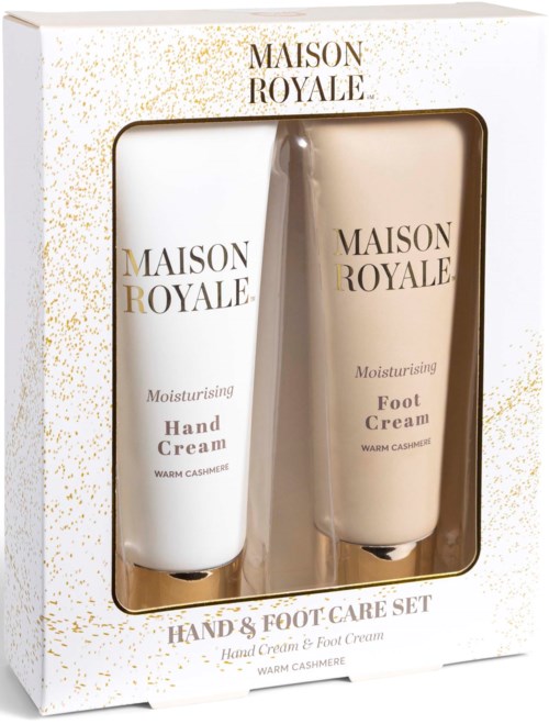 Box containing two tubes of Maison Royale moisturizing hand and foot cream with warm cashmere scent.