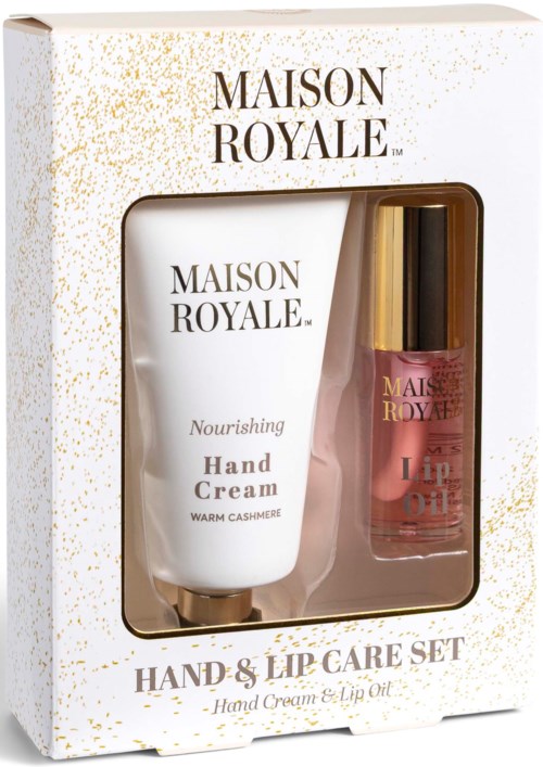 Maison Royale hand and lip care set including nourishing hand cream and pink lip oil.