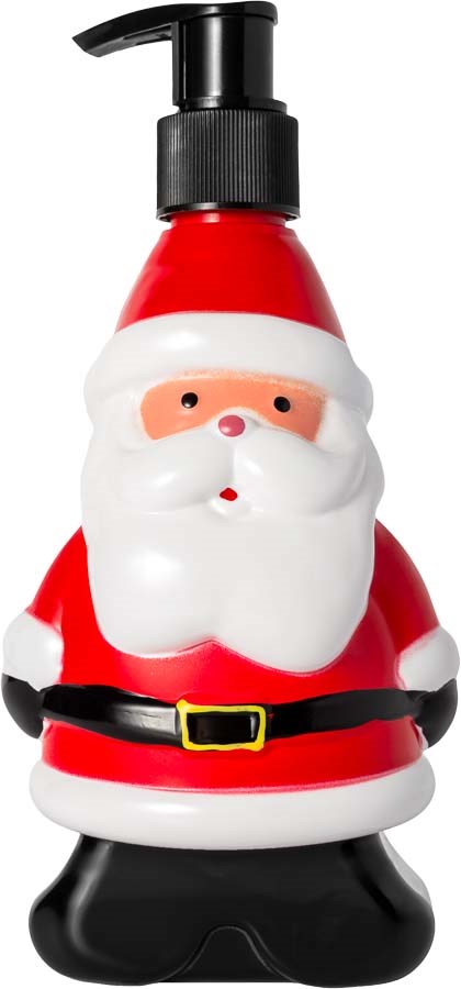 A Santa Claus-shaped soap or lotion dispenser with a pump on top.