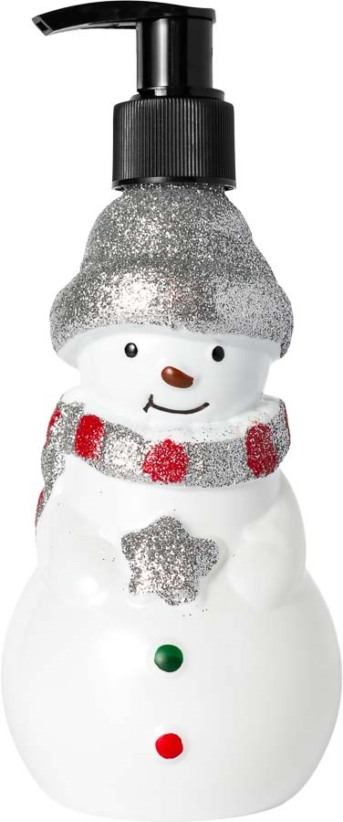 A snowman-shaped soap dispenser with a silver hat, red scarf, and colorful buttons.