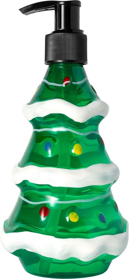 Green Christmas tree-shaped soap dispenser with colorful lights and white decorations.