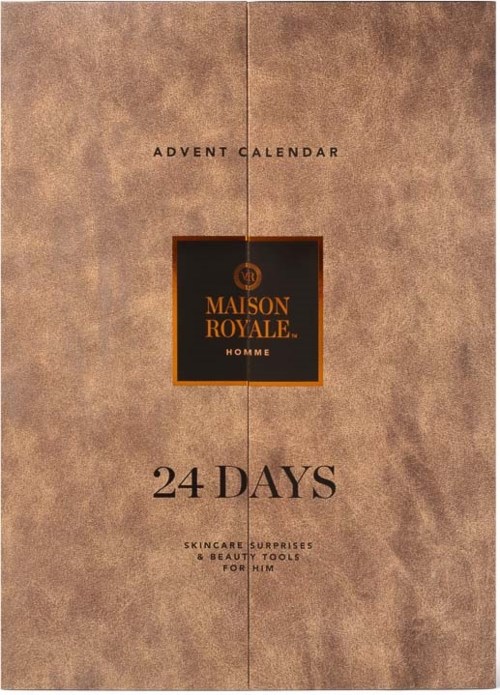 En brun adventskalender med en svart och orange logga, 24 dagar, för hudvårds- och skönhetsöverraskningar för män.