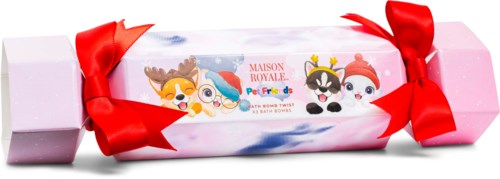 Long rectangular box with Christmas characters, pink and white wrapping, and red ribbon bows at both ends.