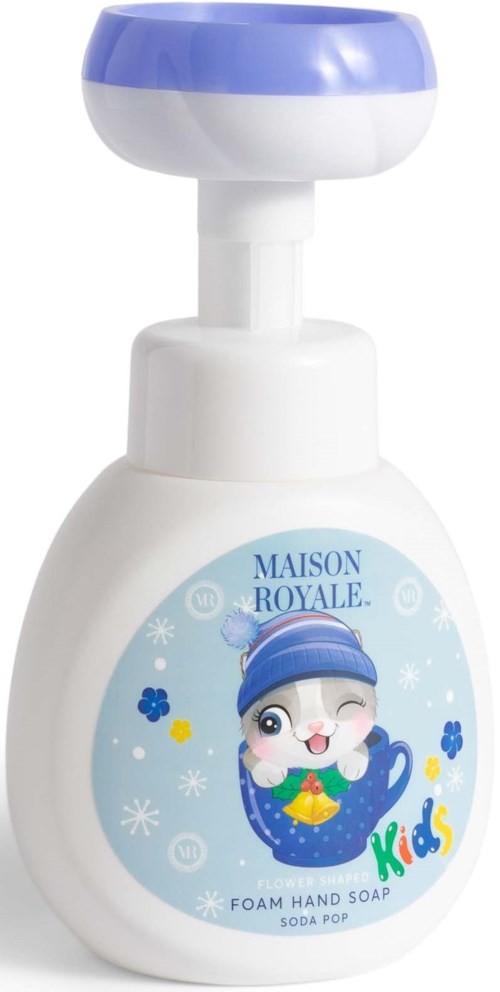 Kid-friendly foam hand soap bottle with a cute cartoon character, blue and yellow design, and a pump top.