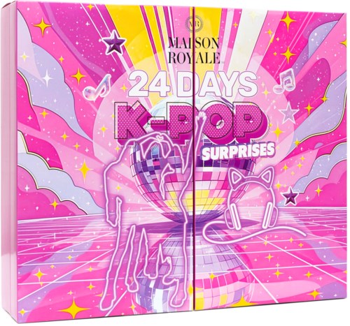 Colorful box for a 24-day K-pop surprises advent calendar with pink, yellow, and purple designs featuring stars and musical notes.