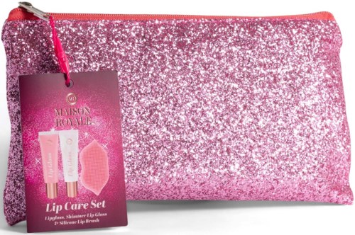 A pink glittery makeup bag with a label showing a lip care set, including lip gloss, shimmer, and a silicone lip brush.
