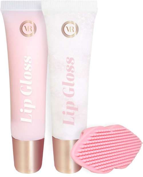 Two tubes of lip gloss, one pink and one white, with a pink applicator sponge beside them.