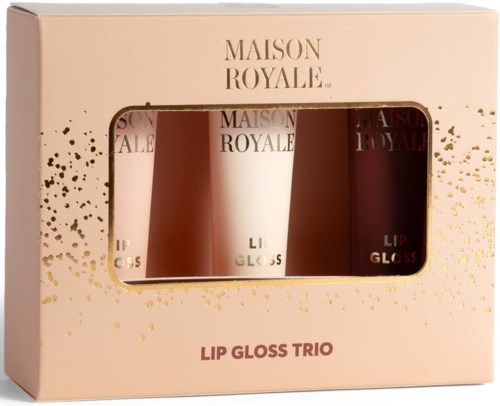Three lip gloss tubes in a pink box with gold splashes and a window to see the products.