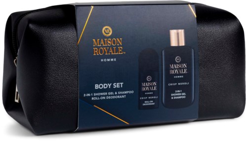 Box of men's grooming products including 2-in-1 shower gel, shampoo, and deodorant from Maison Royale.