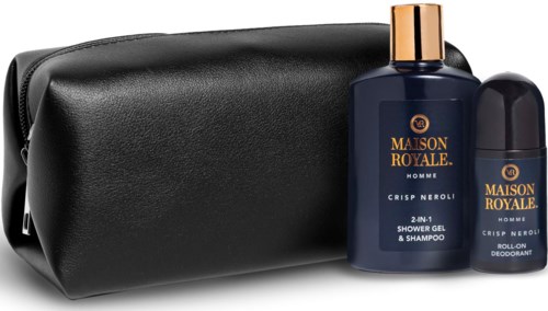 A black toiletry bag with two bottles of Maison Royale Homme shower gel and deodorant in front.
