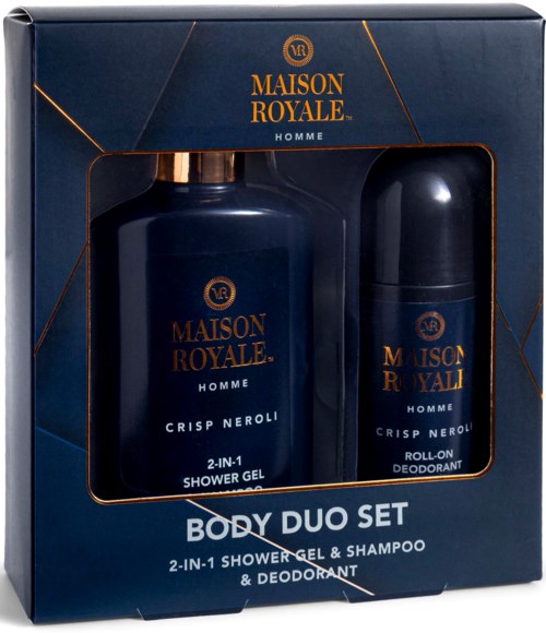 Box with blue and gold packaging containing shower gel and deodorant bottles from Maison Royale Homme.