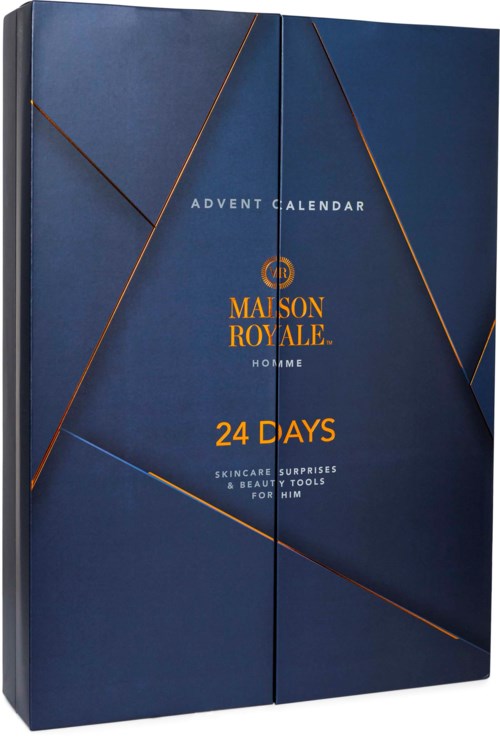 Blue skincare and beauty advent calendar with gold accents, labeled Maison Royale 24 Days, designed for men.