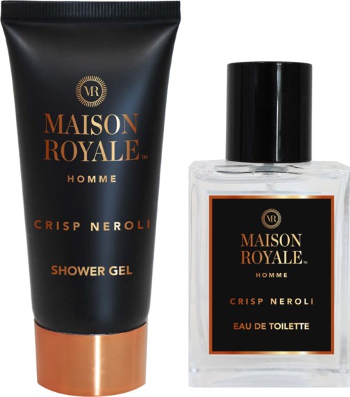 A black shower gel tube and a clear perfume bottle with black and orange labels for Maison Royale Homme.