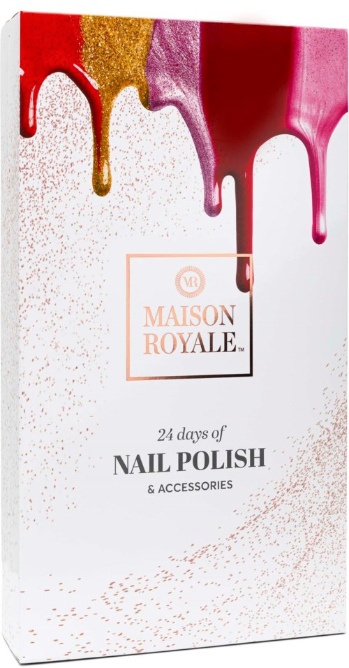 Cosmetic box with gold and pink nail polish drips, Maison Royale branding, and text about nail polish.