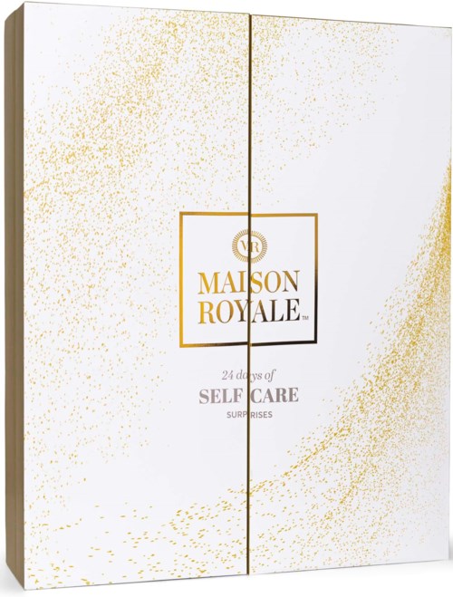 A white gift box with gold sparkles and the 'Maison Royale' logo, containing 24 self-care surprises.