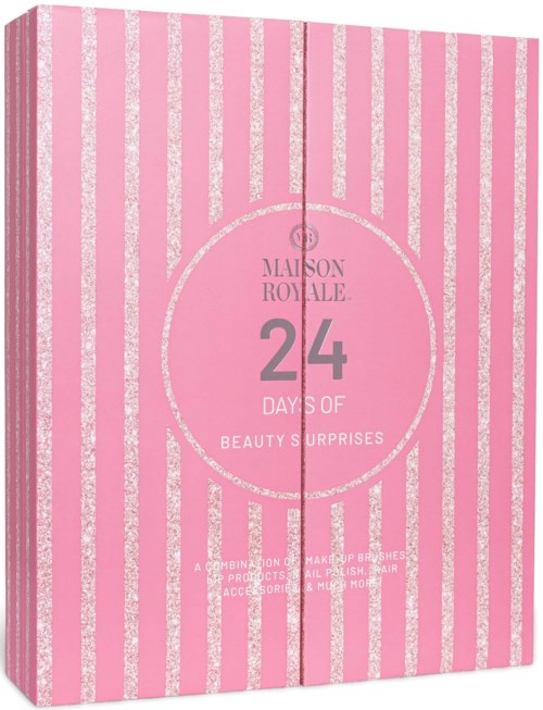 Pink box with vertical stripes and silver accents, celebrating 24 days of beauty surprises.