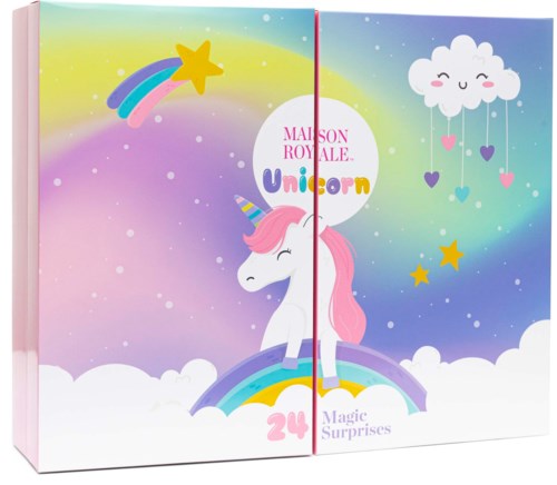 Unicorn themed gift box with rainbow, clouds, stars, and a pink-haired unicorn illustration.