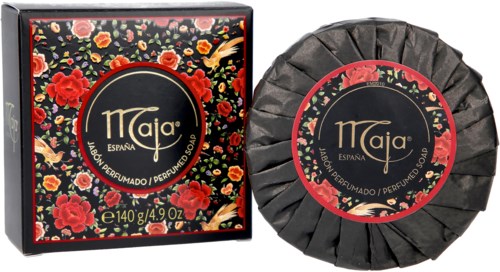 A floral soap box and wrapped soap with black background and red floral design. The box displays a round label with gold and red details.