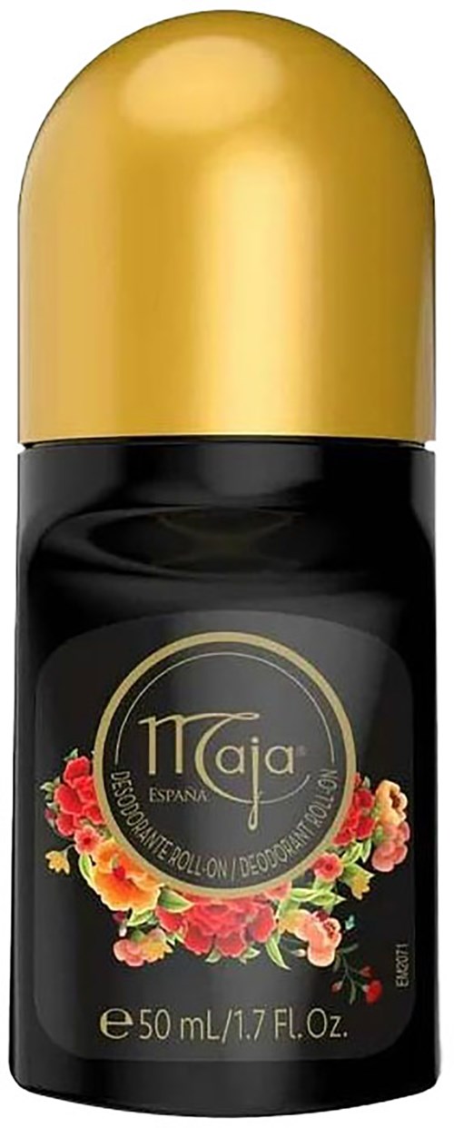This is a black roll-on deodorant with a gold cap, floral design, and the brand name "Maja" on it.