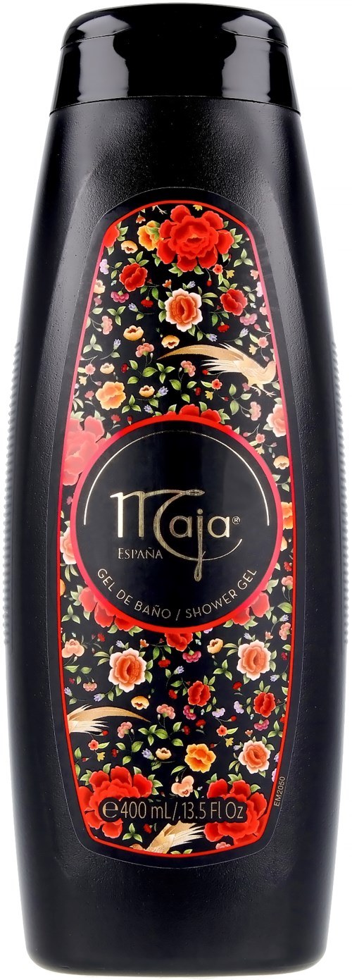 Black shower gel bottle with red, orange, and yellow floral design and a round label in the center.