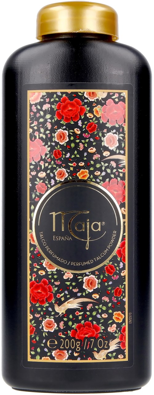 Eine schwarze Flasche mit goldener Kappe, verziert mit Blumenmuster und einem runden gold-schwarzen Etikett.
